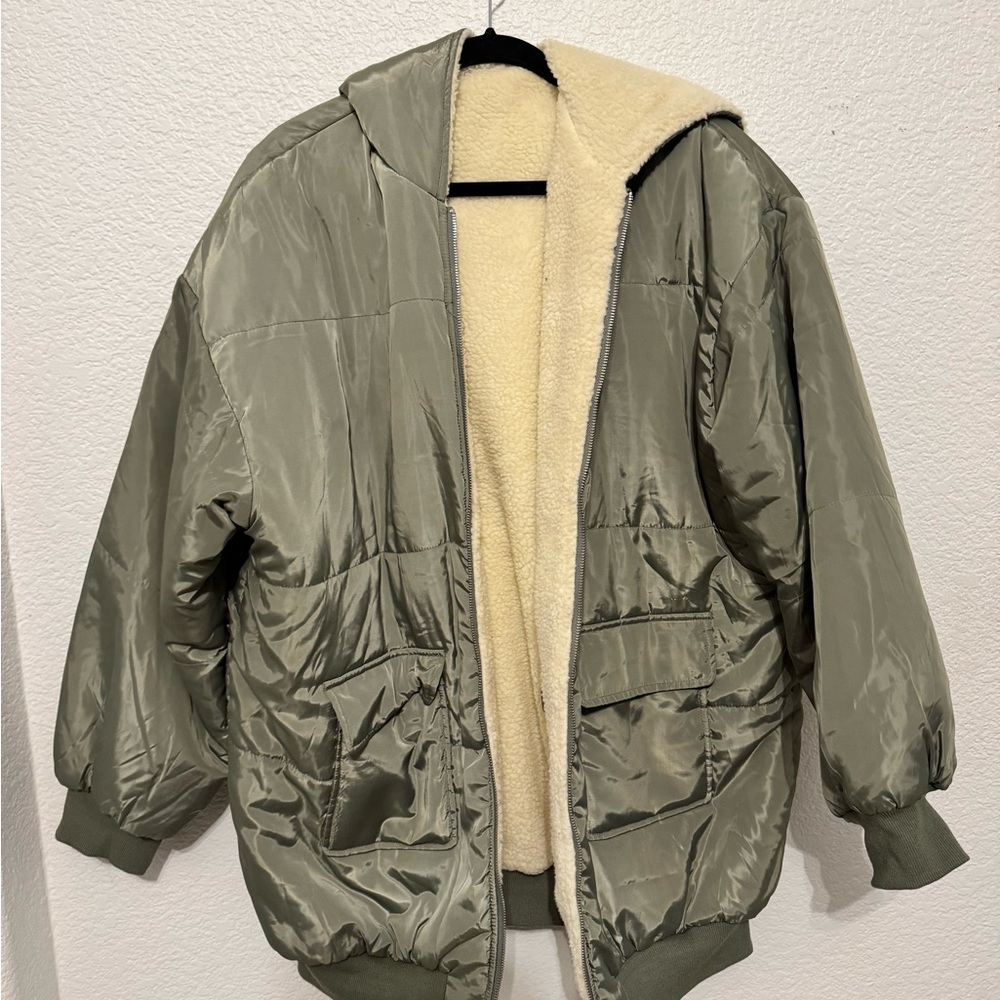 Olive Green Sherpa Lined Hooded Bomber Jacket